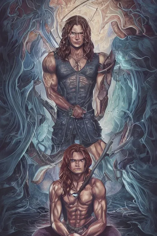 Prompt: muscular sam winchester as a mage tattooed in the cover of an acotar book, sarah j. maas, d & d!, fantasy style, sharp focus!, ultra detailed, art by artgerm, wlop, ilya kuvshinov