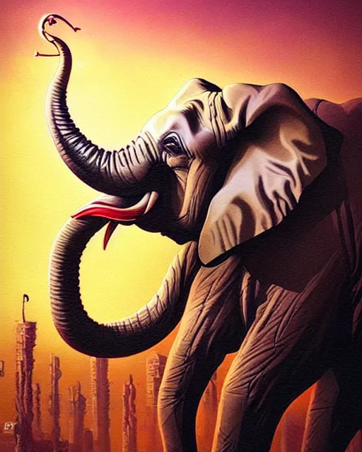 Image similar to a new logo for stillz music featuring an elephant with headphoes djing synthwave afrofuturism, dubstep character, detailed, intricate, hyperrealism, intense, scary, fierce, art by artgerm and greg rutkowski and rhads and anato finnstark