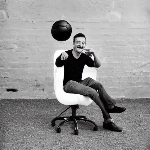 Image similar to realistic photoshoot for a gaming chair, a goofy man short hair is standing by the chair with a soccer ball in his arms, maniacal smile, color film photography, portrait of a beautiful person, in style of Campbell Addy, 35mm