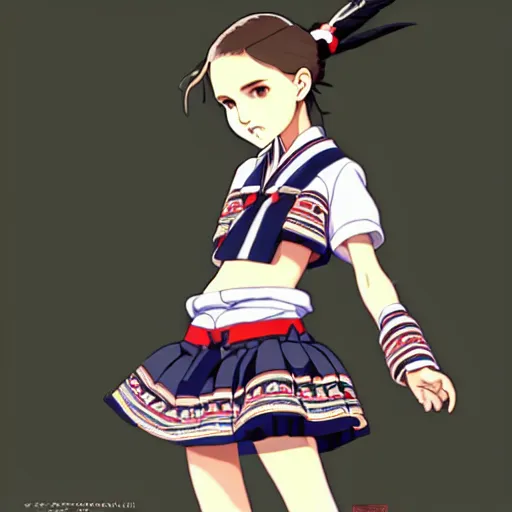 Image similar to a beautiful! boyish! natalie portman alluring gravure! model, wearing japanese school girl outfit with mayan pattern and native style, aztec street fashion, gapmoe yandere grimdark, trending on pixiv fanbox, painted by greg rutkowski makoto shinkai takashi takeuchi studio ghibli, akihiko yoshida