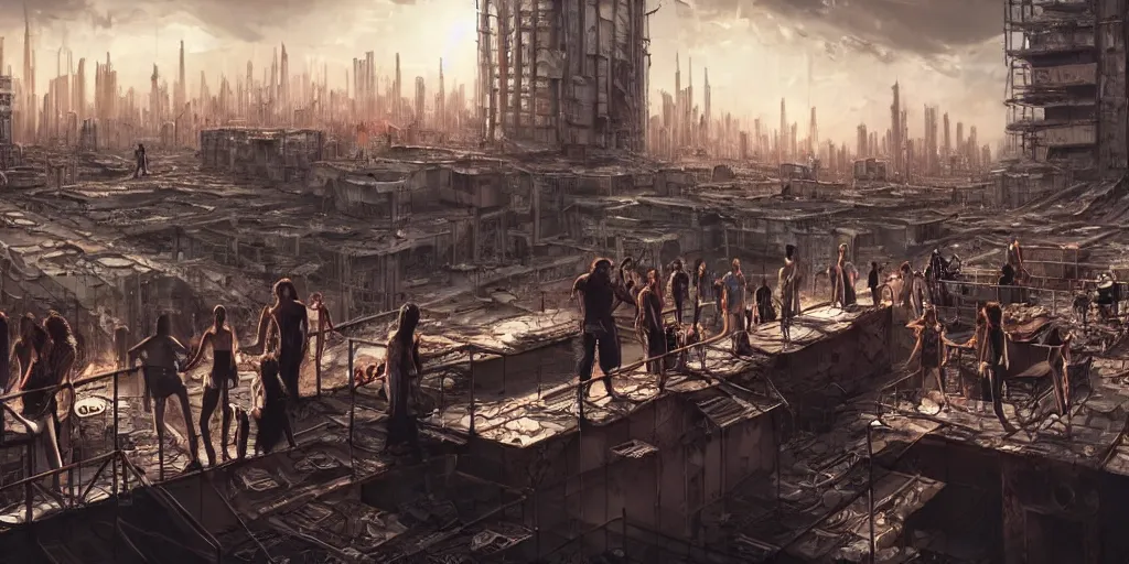 Prompt: an intricate concept art of a people on a rooftop bar in a megastructure city overviewing a desolate destroyed city, post-apocalyptic, sci-fi, cinematic lighting, hyper realistic, art by dylan cole, detailed matte painting, digital art, sci-fi film color palette