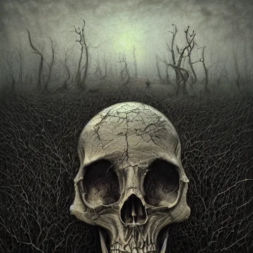 Image similar to a hyperrealistic painting of a psychedelic nightmare landscape, skulls, bones, by anton semenov and santiago caruso, highly detailed, vivid color,