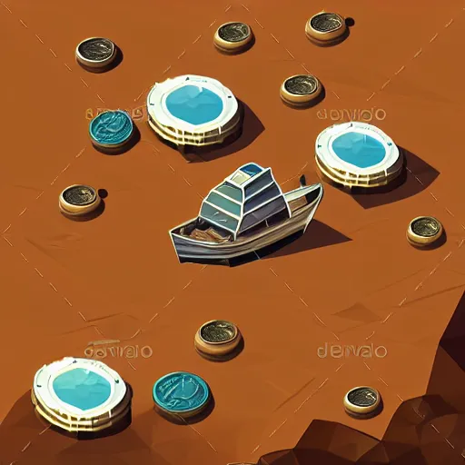 Image similar to boat in the dessert filled with coin and jewl collectables, game concept, low poly, horizontal view