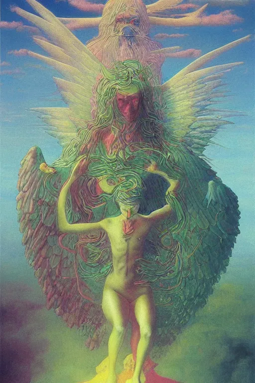 Image similar to ghibli world angels colourful shiny beautiful harmony painting by zdzisław beksinski