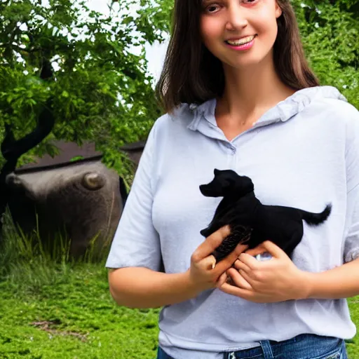 Image similar to a young woman holding a black dog