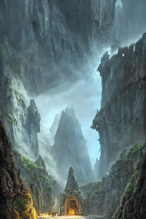 Image similar to a beautiful hyper realistic detailed matte painting of the entrance to a dungeon of the gods at the base of an ancient mountain, dramatic lighting, dynamic lighting, cinematic lighting, lit by morning light, by raphael lacoste and john howe and andreas rocha, unreal engine, featured on artstation, ultrawide angle, f 8, polarizer filter : 1 0