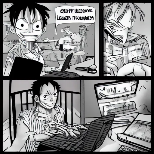 Prompt: luffy working in his laptop top