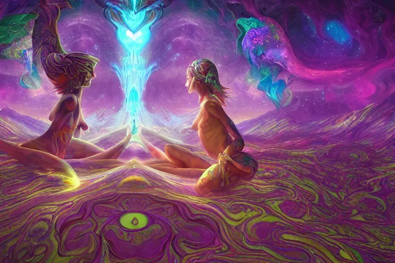 Image similar to a psychedelic realm at the edge of existence where intensely creative astral beings live, the astral beings are holding each other to share love, in the style of WLOP, illustration, epic, fantasy, hyper detailed, smooth, unreal engine, sharp focus, ray tracing