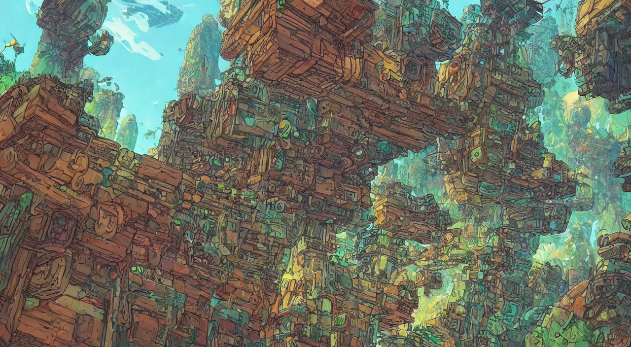 Image similar to open door wood wall fortress airship greeble block amazon jungle on portal unknow world ambiant fornite colorful that looks like it is from borderlands and by feng zhu and loish and laurie greasley, victo ngai, andreas rocha, john harris