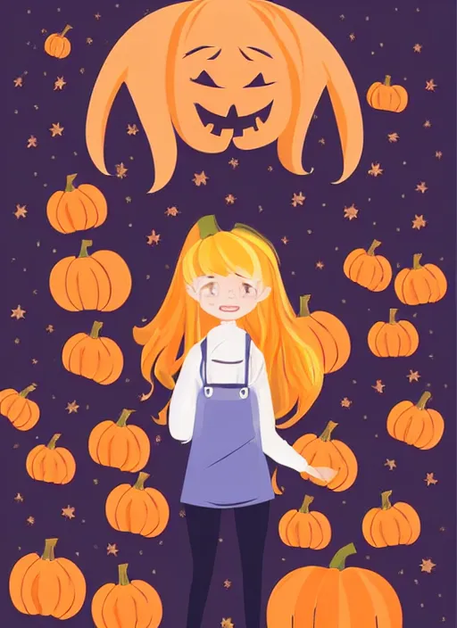 Image similar to little girl with long blonde hair visiting a pumpkin patch. clean cel shaded vector art. shutterstock. behance hd by lois van baarle, artgerm, helen huang, by makoto shinkai and ilya kuvshinov, rossdraws, illustration, art by ilya kuvshinov