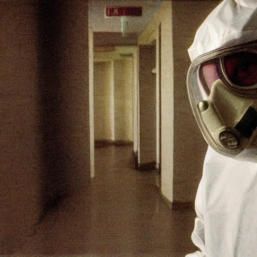 Image similar to news reporter in a hazmat suit 1 9 9 0 s news found footage of an abandoned soviet downtown with a humanoid scp hidden in background, liminal space, backrooms, scp, film grain, rundown, eerie, dark lighting, 3 5 mm, realistic, photograph, hazmat suits, foggy, silent hill style, detailed, hyperrealistic