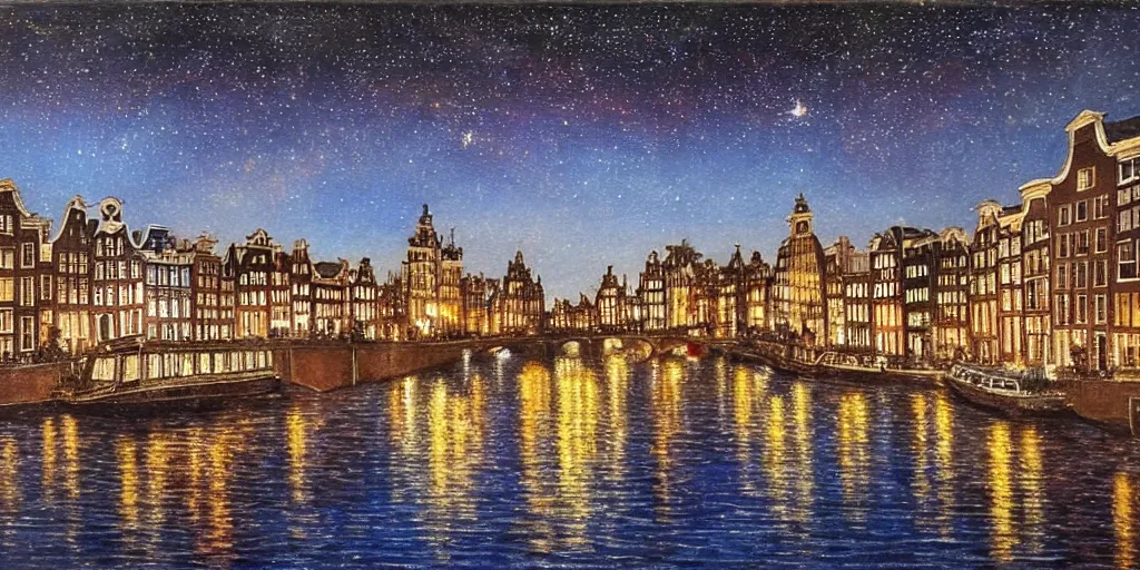 Image similar to view from the amstel river in amsterdam at night, sky full of stars, art by ippolito caffi, very beautiful, intricate, highly detailed, romantic painting