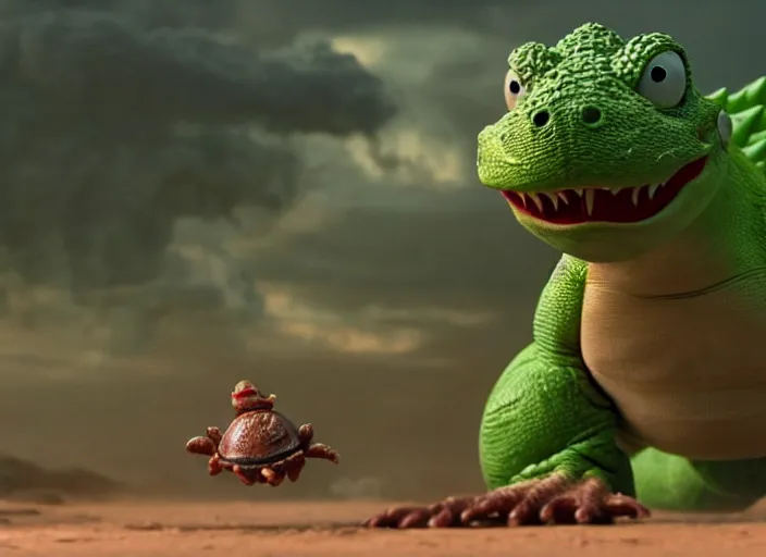 Prompt: film still of yoshi in the new sci - fi movie, cute upright standing upright upright dinosaur standing on its hind legs with a small red turtle shell and sticking out a long sticky tongue, 8 k