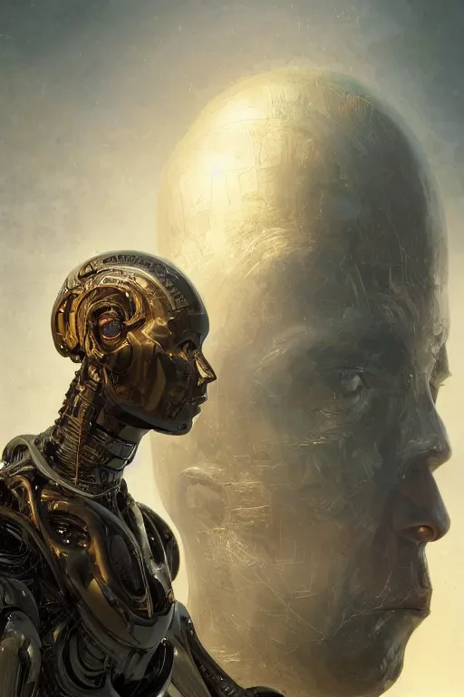 Prompt: the thinker as an i robot, close - up portrait, intricate, elegant, volumetric lighting, scenery, digital painting, highly detailed, artstation, sharp focus, illustration, concept art, luis rollo, ruan jia, steve mccurry, john berkey