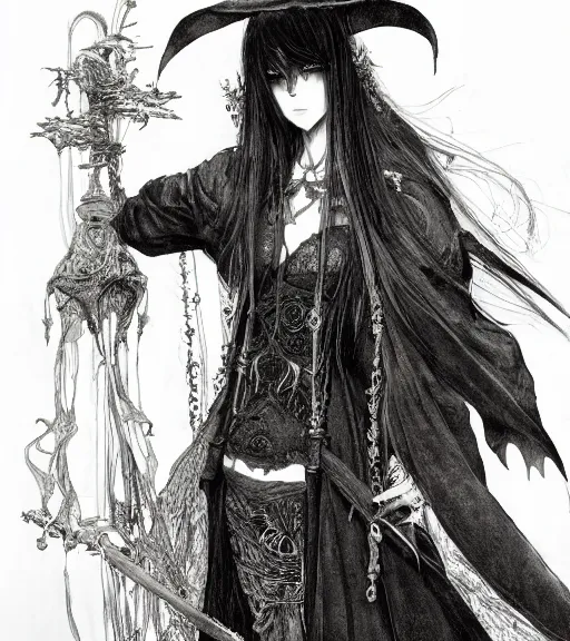 Prompt: portrait of anime succubus with long hair wearing a witch hat, wearing dark robe designed by yoshitaka amano, pen and ink, intricate line drawings, by craig mullins, ruan jia, kentaro miura, greg rutkowski, loundraw, yoshitaka amano