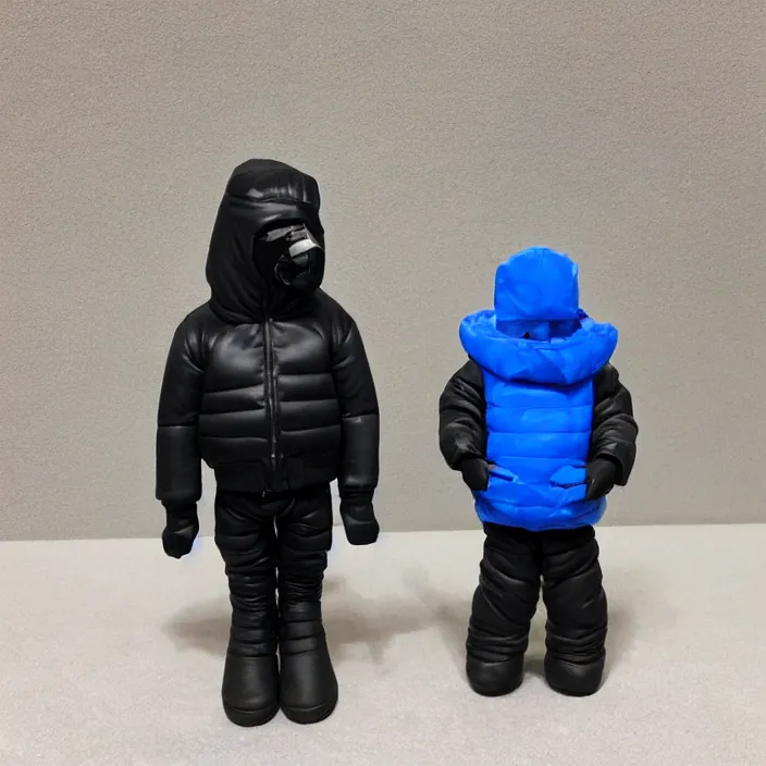 Image similar to kanye west, a goodsmile figure of kanye west using a full face covering black mask, a small, tight, child size reflective bright blue round puffer jacket made of nylon and big black balenciaga rubber boots, figurine, detailed product photo