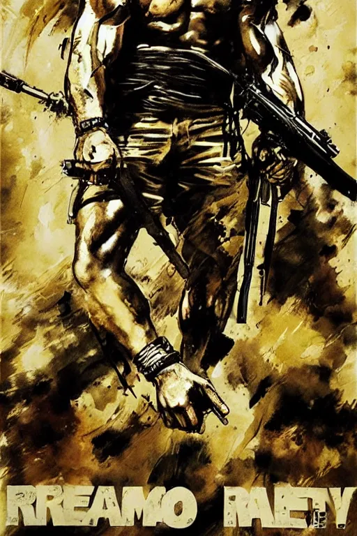 Prompt: a movie poster illustration of Stallone as Rambo by Yoji Shinkawa and Ashley Wood