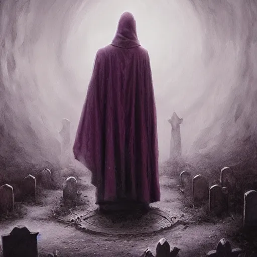 Prompt: a painting of a man in cloak standing in a graveyard mausoleum, soft vaguely violet color, an ultrafine detailed painting by seb mckinnon, featured on cgsociety, gothic art, darksynth, dark and mysterious, ominous vibe, red on the ground