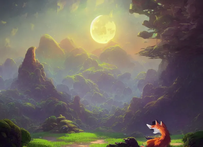 Prompt: a fox, moon, mountain, epic digital fantasy style beeple, by thomas kinkade hearstone league of legends dofus overwatch concept art, style of makoto shinkai, xision, james jean and peter mohrbacher, studio ghibli, artgerm, karol bak, dan mumford global illumination rtx bioluminescent wooly feather