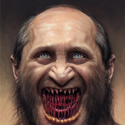 Image similar to vladimir putin, putin is bald caveman, vladimir putin awe face, toothless, saw teeth, reptile scary eyes, peeling skin, horror macabre face, clown nose, by donato giancola and greg rutkowski and wayne barlow and zdzisław beksinski, realistic face, digital art