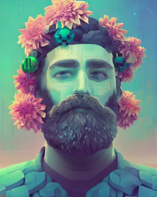 Prompt: a ultradetailed digital painting of a man with flowers in his beard, profile, cyberpunk art by beeple, behance contest winner, retrofuturism, voxel art, # pixelart, dystopian art