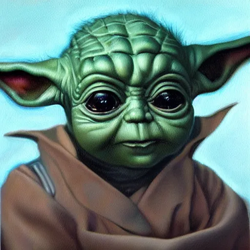 Prompt: a realistic oil painting of baby yoda as a cybernetic cyborg, surrealism portrait, surrealism album cover