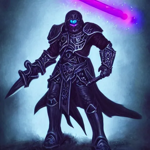 Prompt: death knight wearing a worn armor carved with death runes that emit a purple glow of energy, dual wielding a large sword carved with rings that emit an electric blue glowing smoke, he is walking along the valley of the forgotten