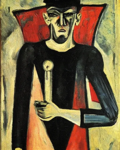 Image similar to Max Beckmann. Oil on canvas. Portrait of a demon.