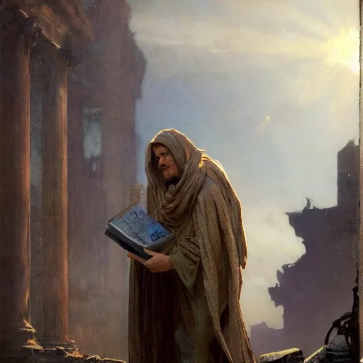 Image similar to half portait of wizzard wearing a closed cowl and big old book! chained to the wrist, jeremy mann, jean - leon gerome, tiepolo, alphonse mucha, greg rutkowski, face in the shadows, ( ( ruins of ancient rome ) ), at dusk, mysterious atmosphere, sunrays, dof, high detailed, 8 k