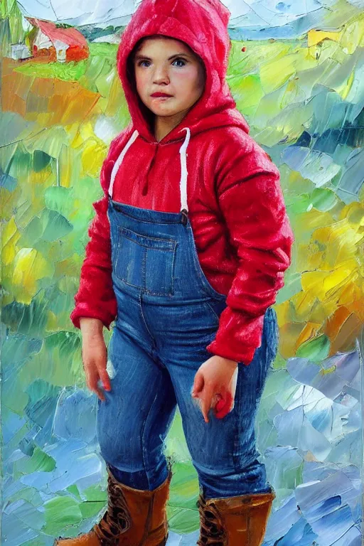 Prompt: palette knife oil painting portrait of nellie, a small figured young woman, dressed like a country bumpkin : jeans, boots, a pointy bright red hoodie. extreme detail, artstation trending, artgerm, any racial background, deviant art, octane, substance, art history 8 k