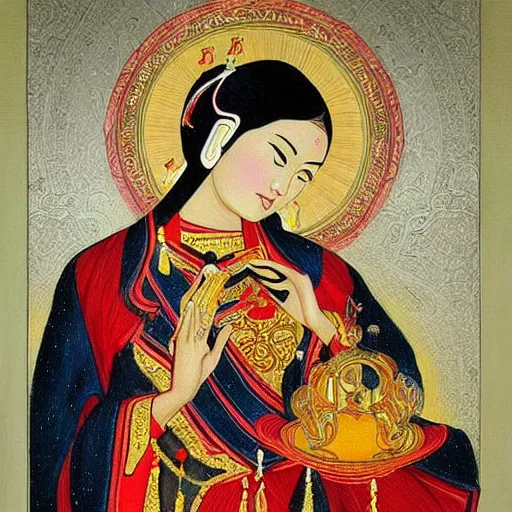 Image similar to gorgeous asian goddess drawn in russian orthodox icon style by Dragan Bibin and Frank Frazetta