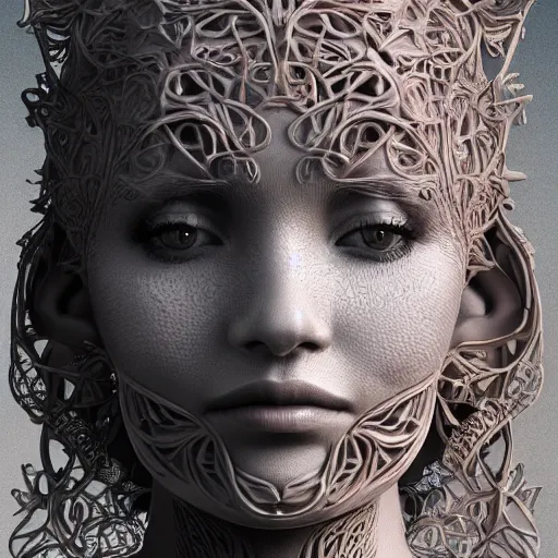 Image similar to beatifull frontal face portrait of a woman, 150mm, anatomical, flesh, flowers, mandelbrot fractal, symmetric, intricate, elegant, highly detailed, ornate, ornament, sculpture, elegant , luxury, beautifully lit, ray trace, octane render in the style of peter Gric and alex grey