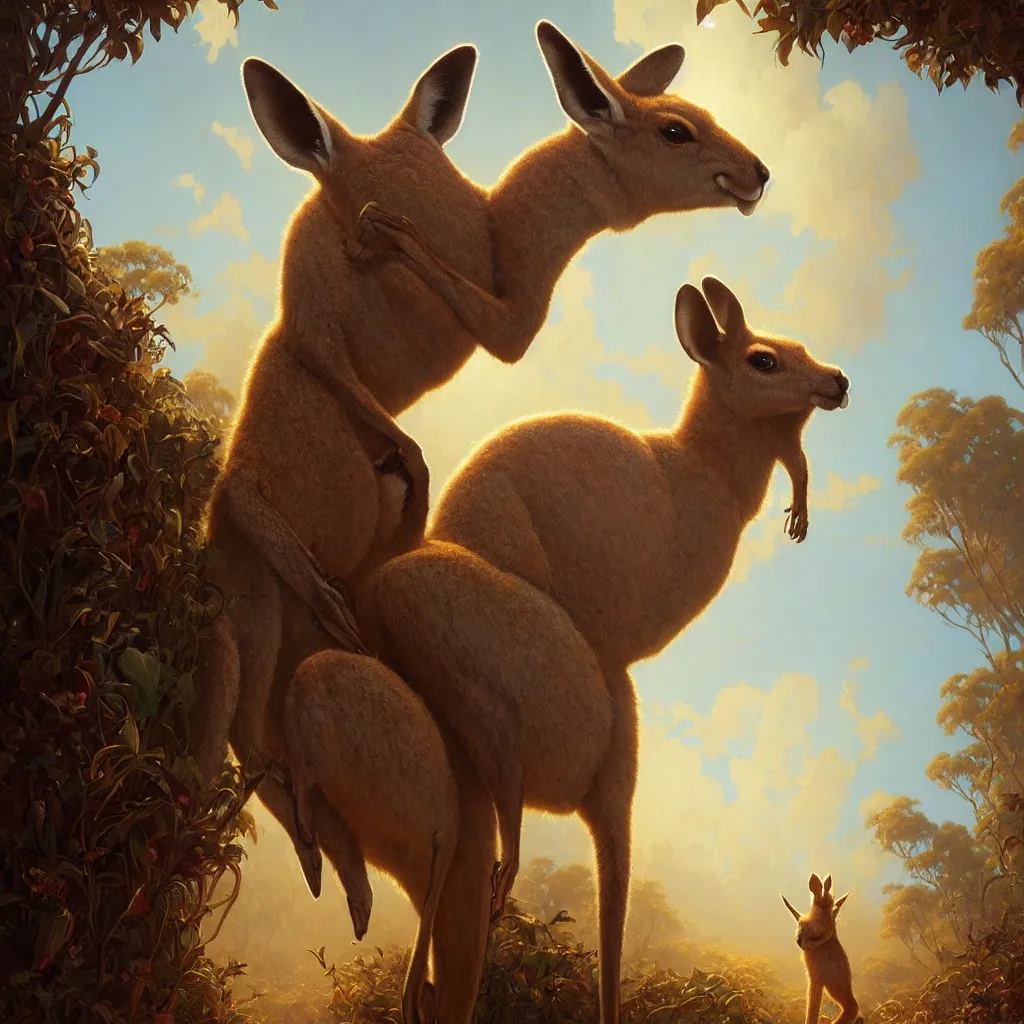 Image similar to Highly detailed portrait of a single Kangaroo wearing a Crown, Stephen Bliss, unreal engine, fantasy art by Greg Rutkowski, Loish, Rhads, ferdinand knab, Makoto Shinkai and Lois van baarle, ilya kuvshinov, rossdraws, Tom Bagshaw, alphonse mucha, global illumination, radiant light, detailed and intricate environment