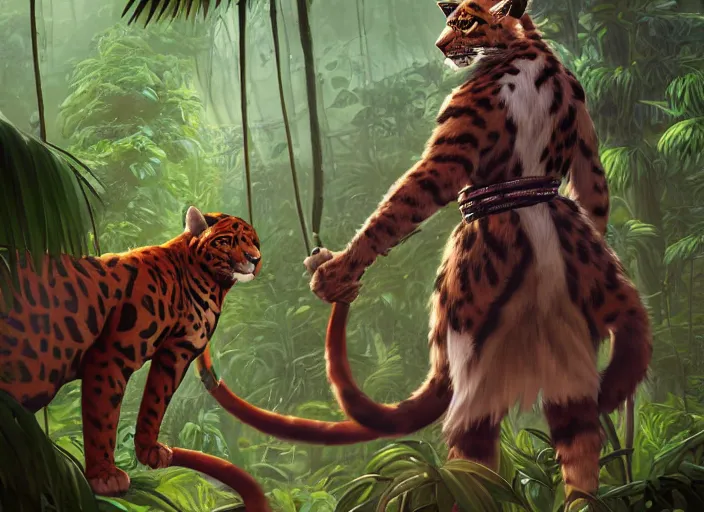 Prompt: character portrait feature of the anthro male anthropomorphic jungle cat jaguar fursona animal person wearing shaman outfit robes belt standing in the amazon rainforest, character design stylized by charlie bowater, ross tran, artgerm, makoto shinkai, detailed, soft lighting, rendered in octane