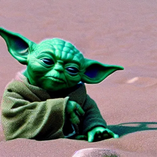 Prompt: sad Yoda on a beach