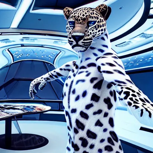 Image similar to A beautiful scene from a 2020 sci-fi film featuring a humanoid leopard wearing a white and blue uniform in a starship bridge. An anthropomorphic leopard in a futuristic uniform.