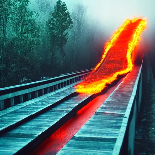 Image similar to Long bridge to hell, dslr, hyper realistic, photojournalism, scary, firey, disturbing