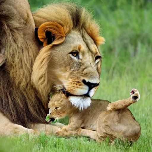 Image similar to lion eats a dear, feasting lion family,