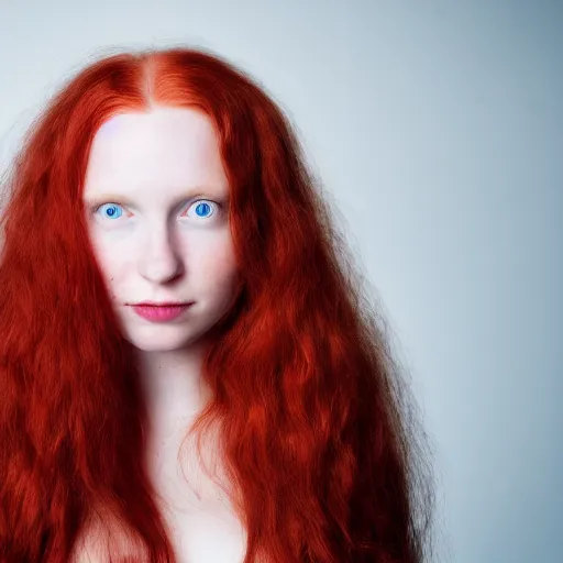 Image similar to artistic photo of a young beautiful woman, looking at the camera, long flowing red hair, greyish blue eyes, slight cute smile, mouth slightly open, studio lighting, award winning photo by Annie Liebowitz