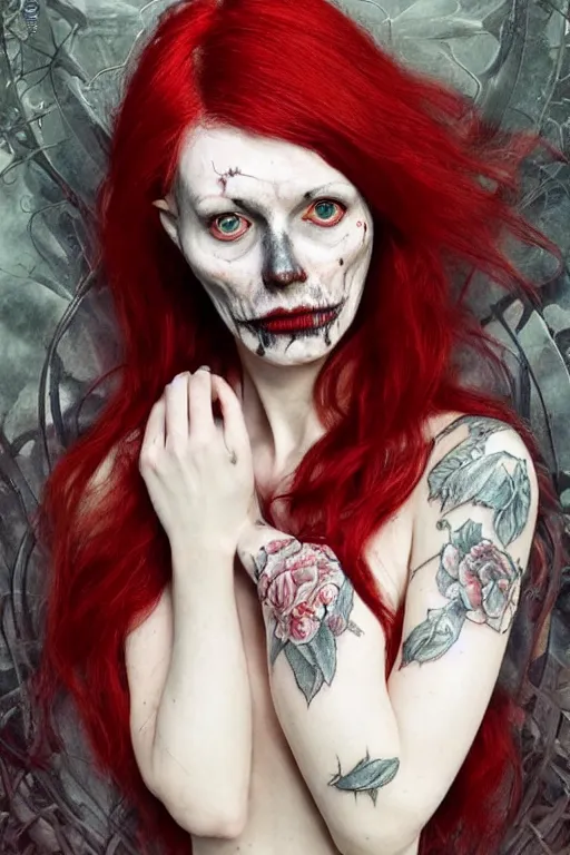 Image similar to pale woman covered with blood, rolyatistaylor face!!!, red hair, skeleton full body tattoo, ultra realistic, concept art, intricate details, highly detailed, 4 5 mm. photorealistic, octane render, 8 k, unreal engine. film still, heavy grain, 3 5 mm, art by artgerm and greg rutkowski and alphonse mucha