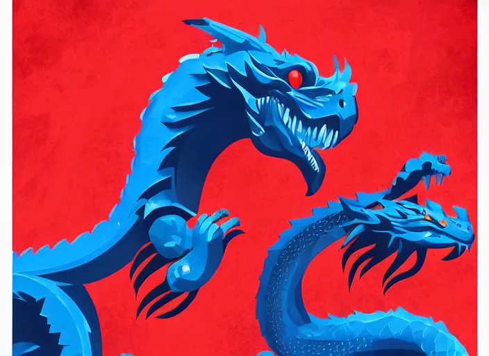 Prompt: red and blue poster with a dragon on it, vector art by cedric seaut ( keos masons ), artstation contest winner, process art, behance hd, matte background, rich color palette