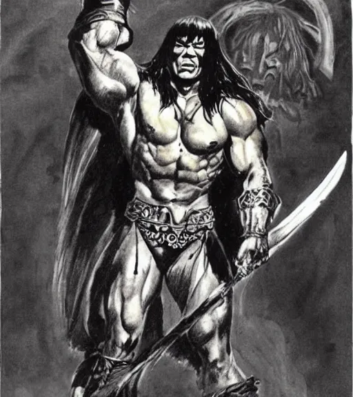 Prompt: Conan the barbarian drawing by frank frazetta