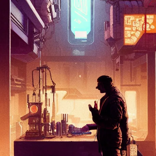 Image similar to cyberpunk merchant in their shop, Industrial Scifi, detailed illustration, Chiaroscuro, concept art, blade runner 2049, by Martin Grip and Moebius