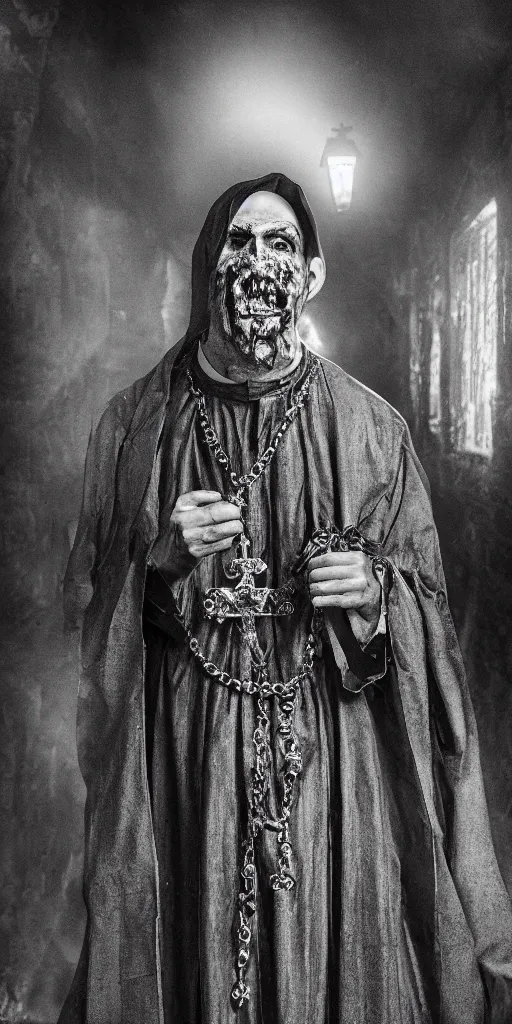 Image similar to a highly realistic and detailed full Priest standing in a dark dirty basement holding a rosary, wide angle 70mm lens, volumetric haze, front facing camera, symmetrical, photorealistic, insanely detailed and intricate, epic, hyper realistic, elegant, ornate, elite, horror, creepy, ominous, haunting, cinematic lighting, unreal engine, cinematic centered camera, high detail, no blur, unreal engine 8k