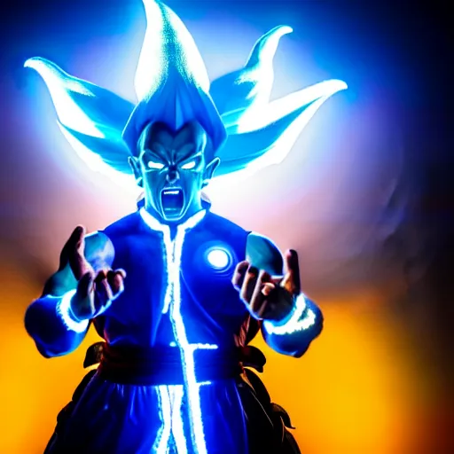 Image similar to uhd candid photo of alex jones as a dbz character, glowing blue, global illumination, radiant light, detailed, intricate costume. photo by annie leibowitz