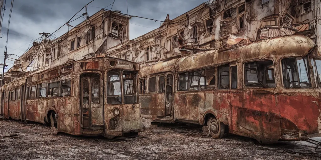 Prompt: low wide angle shot of dilapidated fallout 5 europa, temperate european small town, desolate, dilapidated neon signs, few rusted retro futuristic vintage parked vehicles like cars, buses, trucks, trams, volumetric lighting, photorealistic, daytime, autumn, sunny weather, sharp focus, ultra detailed, 4 0 0 0 k