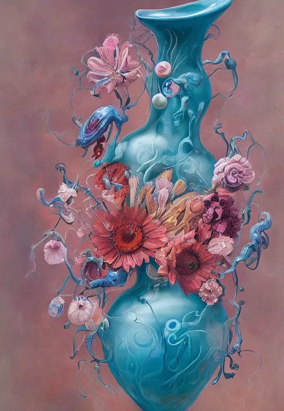 Image similar to a biomorphic painting of a vase with flowers and eyeballs in it, a surrealist painting by Marco Mazzoni, by Dorothea Tanning, pastel blues and pinks, featured on artstation, metaphysical painting, oil on canvas, fluid acrylic pour art, airbrush art, seapunk, rococo, lovecraftian