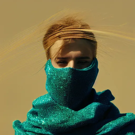 Prompt: a film still of a girl wearing black scarf and crystal wormhole turquoise vibrational radio vhs color rays helmet mask in porcelain sand dunes feature in vogue and gq editorial fashion photography beautiful eyes, close up shot, haute couture dresses in givenchy and salvatore ferragamo, cannon ef 1 0 5 mm f 2. 8 in the grand budapest hotel
