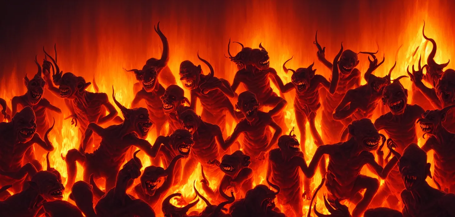 Image similar to oil matte painting, closeup portrait of ugly creepy goblins dancing around a bonfire in hell at ba rave cheering dancing beautiful cinematic light deep focus, elegant, digital painting, smooth, sharp focus, golden ratio, dramatic illumination, ultra realistic, 8 k, art by greg rutkowski wlop rossdraws