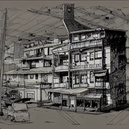 Prompt: cutaway drawing of an inn by Makoto shinkai, Geoff darrow